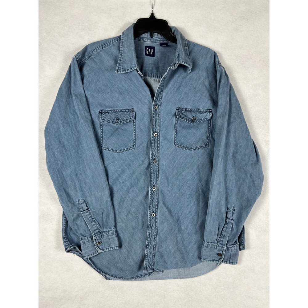 Vintage Gap Denim Metal Button Down Shirt Mens XL Blue Long Sleeve read*
